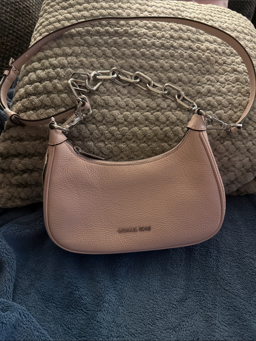 Michael Kors Blush Pink Pebbled Leather Shoulder/Crossbody Bag with Chain Accent